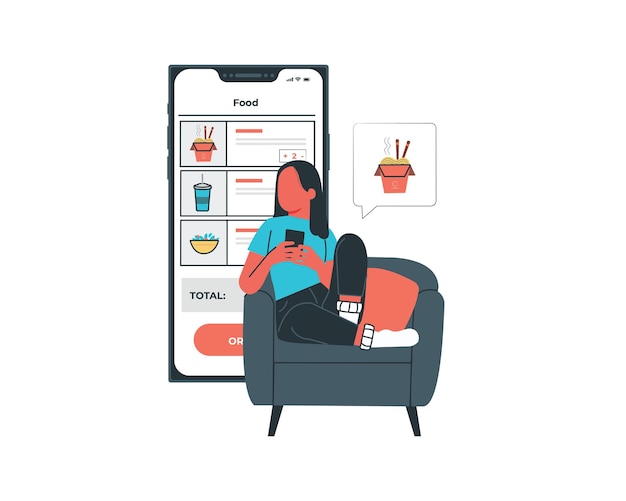 Illustrazione di una donna seduta su una poltrona davanti a un telefono cellulare con un menu sullo schermo