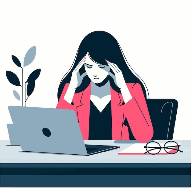 Vector illustration of a woman sitting at a desk with a laptop looking stressed