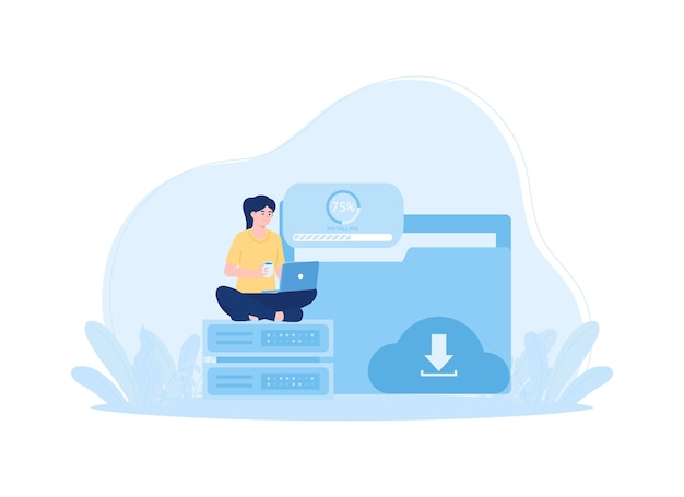 Illustration of a woman sitting on a pile of data with a laptop trending concept flat illustration