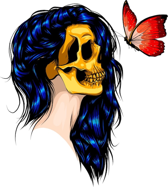 Vector illustration of woman skull and buttefly on white background