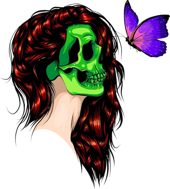 Vector illustration of woman skull and buttefly on white background