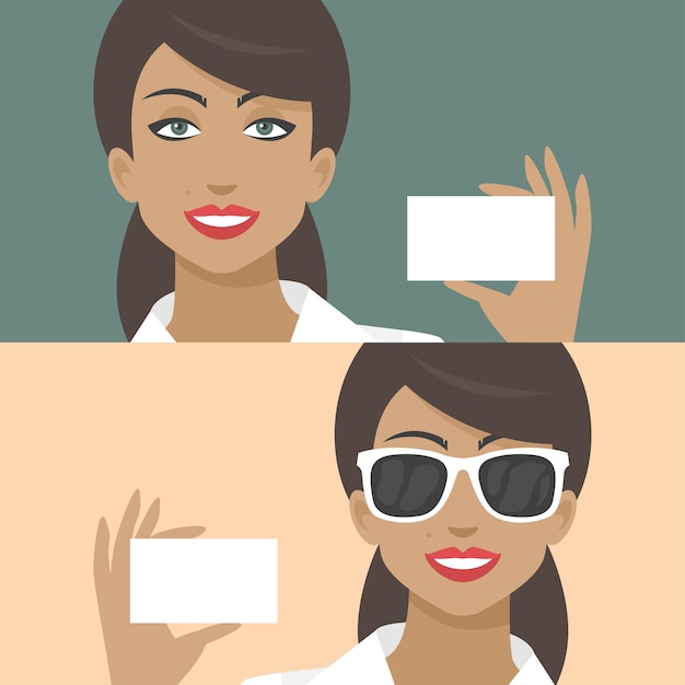 Illustration, woman smiling and holds business card, format EPS 10