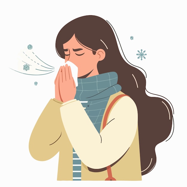 フラットなデザインのスタイルでくしゃみをしている女性のイラスト