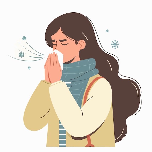 Vector illustration of a woman sneezing in a flat design style