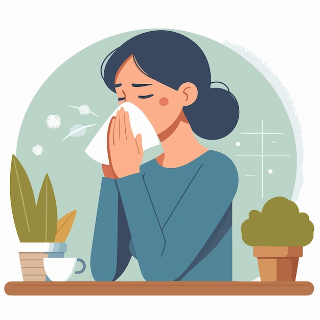 Illustration of a woman sneezing in a flat design style