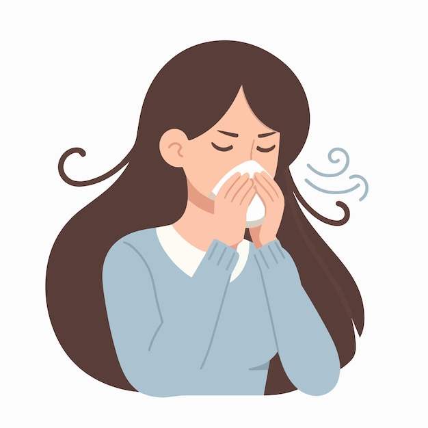 Illustration of a woman sneezing in a flat design style