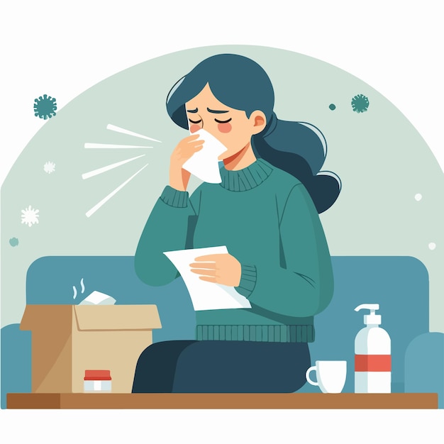 Vector illustration of a woman sneezing in a flat design style