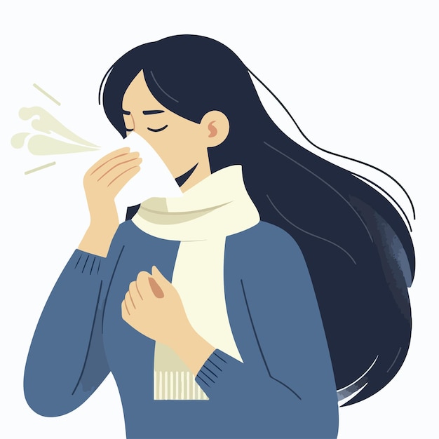 Illustration of a woman sneezing in a flat design style