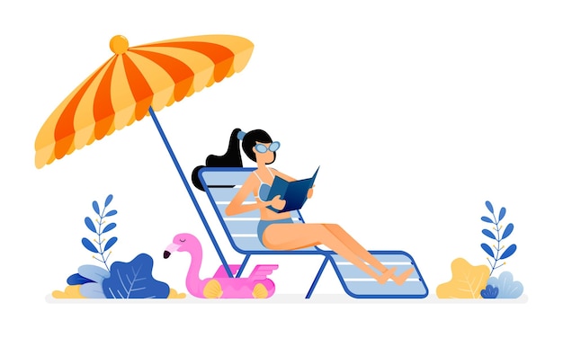 Vector illustration of woman sunbathing and enjoying a holiday under umbrellas