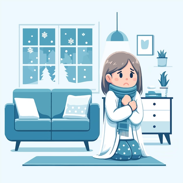 illustration of a woman in a sweater and scarf feeling cold inside the house