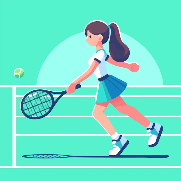 Vector illustration of a woman swinging a tennis racket at a tennis ball