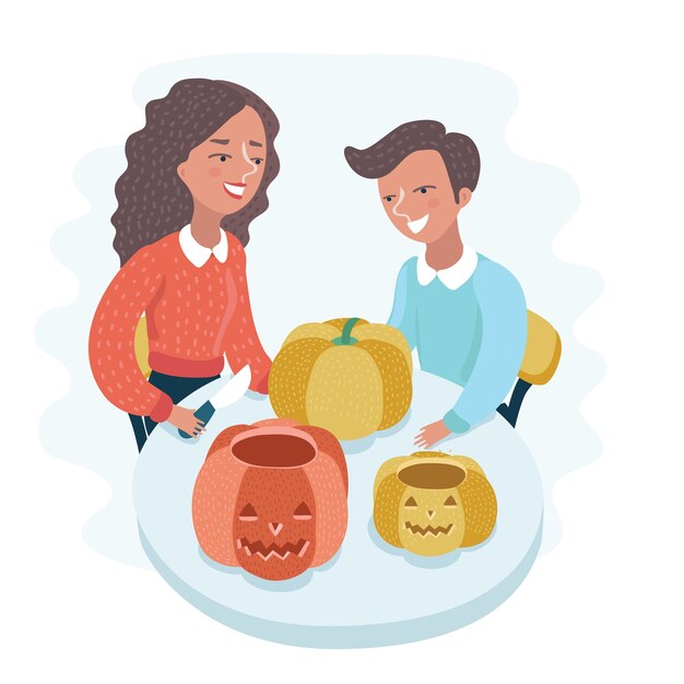 Illustration of woman teaches boy cut a large pumpkin carved with a huge smile.