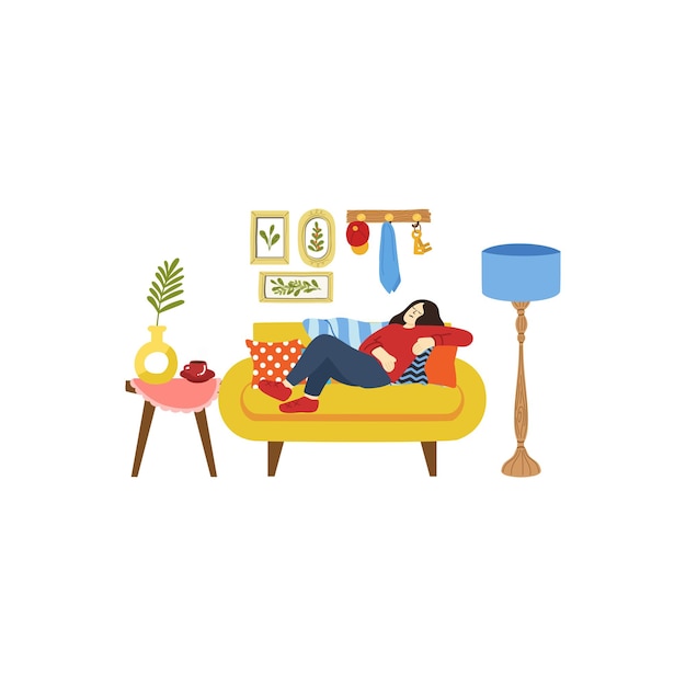 illustration of a woman tried and relaxing in living room