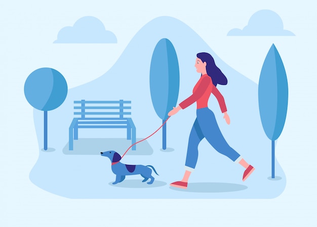 Vector illustration of woman walking with a dog