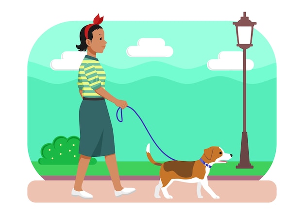 イラスト彼女の犬と一緒に歩く女性