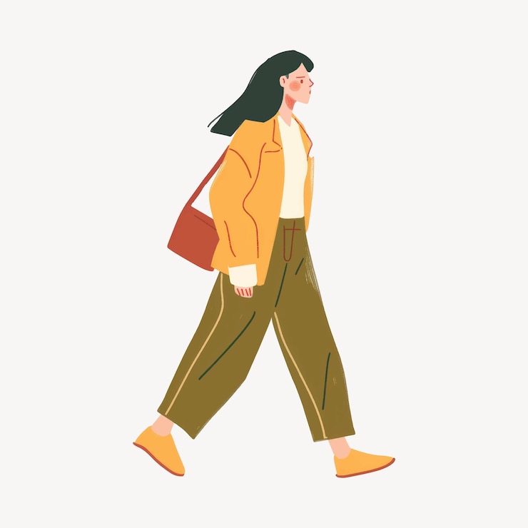 Vector 歩いている女性のイラスト黄色いジャケットと緑色のズボンを着た女性