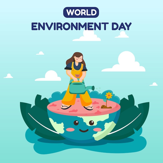 Vector illustration of woman watering flowers on the earth