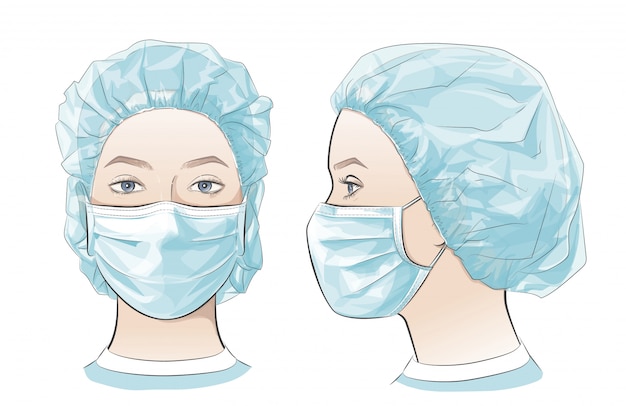 illustration Woman wearing disposable medical surgical face mask.