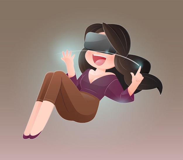 Vector illustration woman wearing virtual reality device over brown background