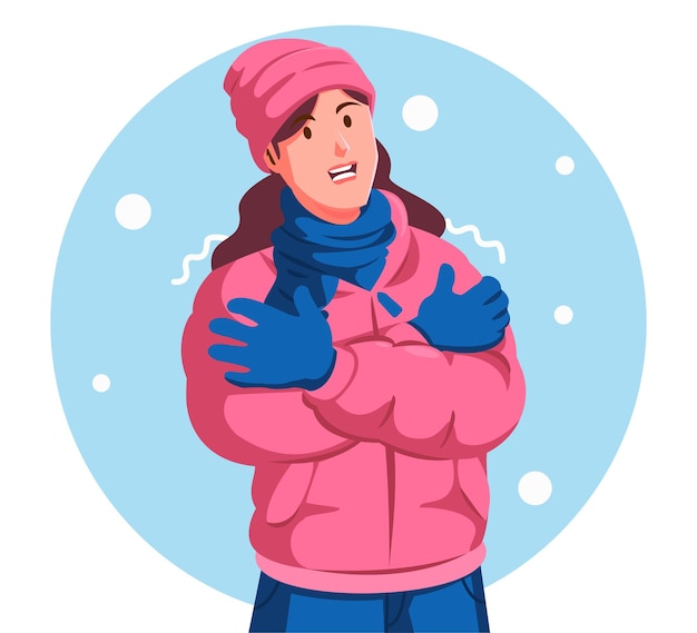 Vector illustration of a woman wearing a winter jacket and freezing