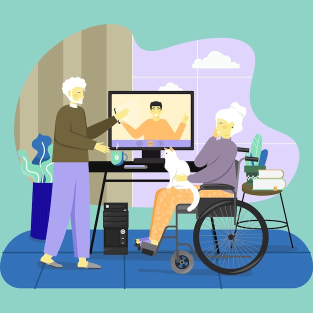 Vettore un'illustrazione di una donna su una sedia a rotelle con un uomo su una sedia a rotelle.