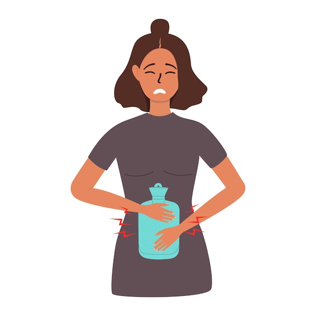 Vector an illustration of a woman who relieves pain in the abdominal area with a rubber heating pad.