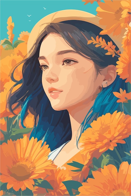 A illustration of woman with landscape inspired by summer vibes