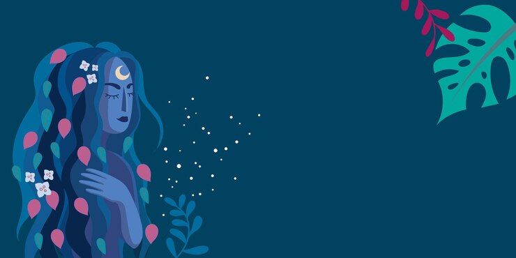 Vector illustration of a woman with leaves and flowers in the hairs modern design feminity and nature