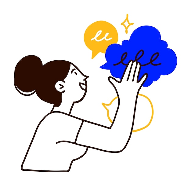 An illustration of a woman with a lightbulb cloud symbolizing idea creation