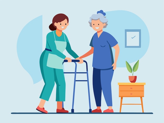 an illustration of a woman with a nurse in a room