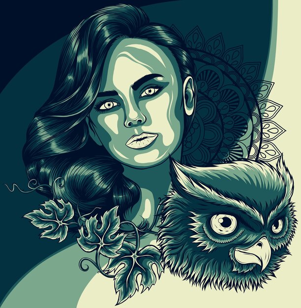 Vector illustration of woman with owl head