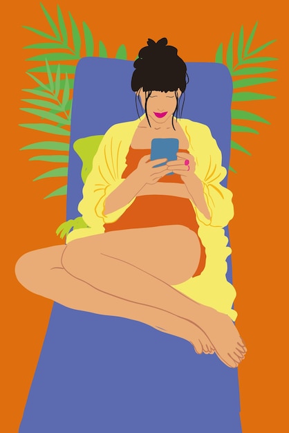 Illustration of woman with phone on sunbed at garden