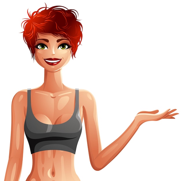 Vector illustration of a woman with a stylish haircut wearing a top. coquette red-haired lady, caucasian girl showing something to side with her hand, some empty copy space. fitness theme drawing.