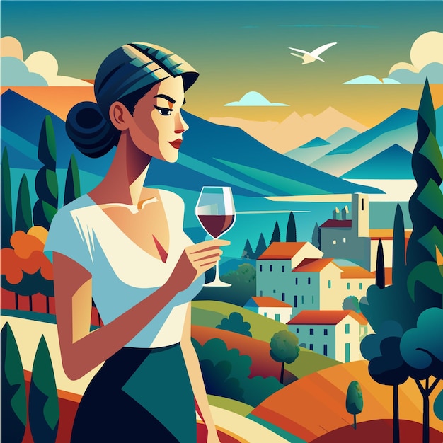 Vettore illustrazione della donna con il vino