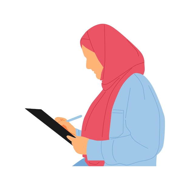 Illustration of woman at work taking notes on clipboard