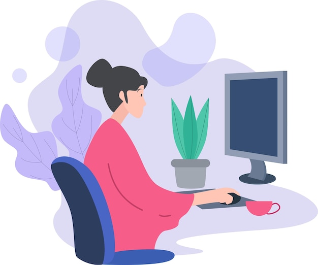 illustration of a woman working in front of a laptop on a leaf background