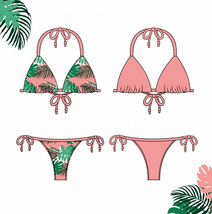 Vector illustration of women's bikini, pink bikini swimsuit for summer, fashion flat sketch template.