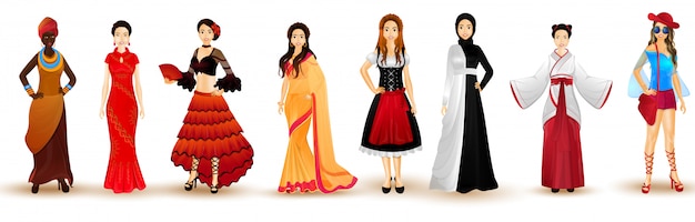 Illustration of women in traditional attire from different countries. 