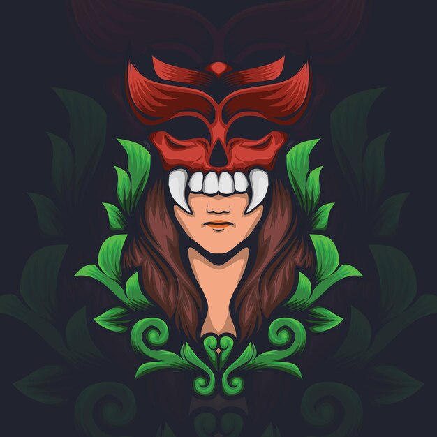 Illustration of a women with a demon mask and leaf ornaments