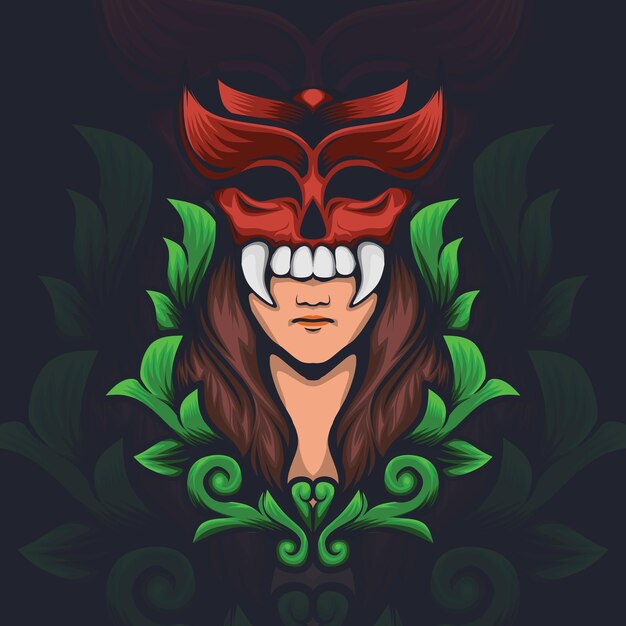 Illustration of a women with a demon mask and leaf ornaments