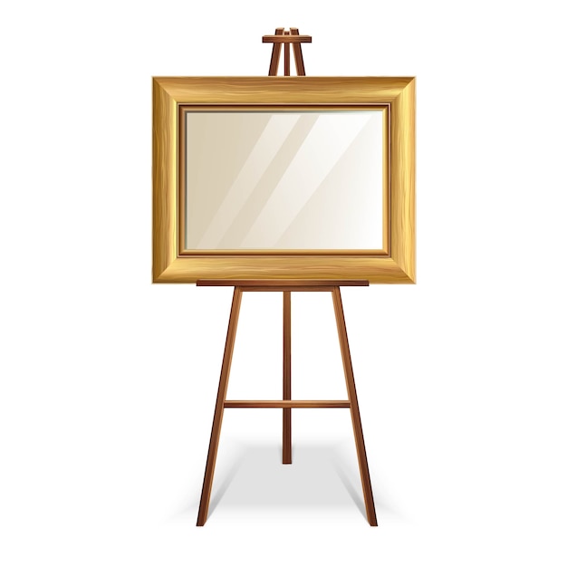 Vector illustration wooden easel with empty blank golden frame square canvas. isolated on white background.