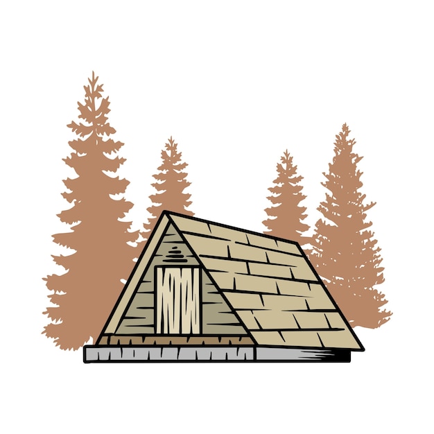 Vector illustration of a wooden house in a mountain forest