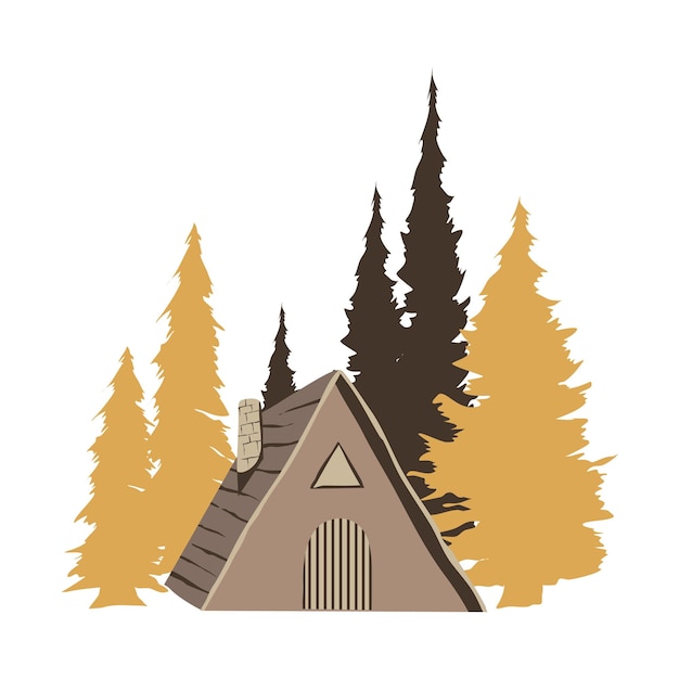 illustration of a wooden house in a mountain forest