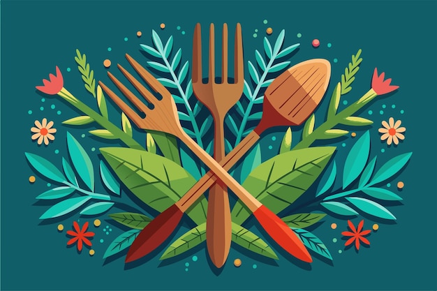Vector illustration of wooden kitchen utensils including a spoon and fork crossed over each other surrounded by stylized green leaves and colorful flowers on a dark teal background