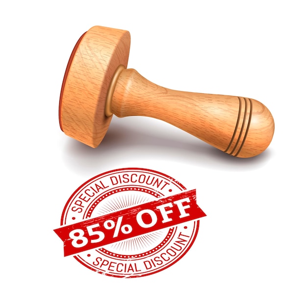 illustration of wooden round stamp with 85 percent off text