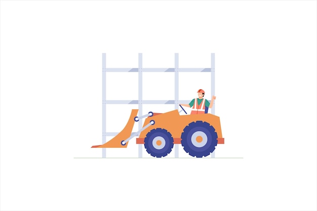 Illustration of worker with a bulldozer in construction