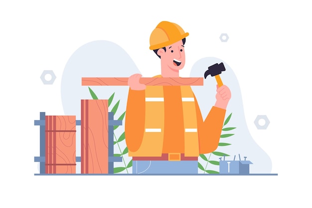 Vector illustration workers lift wood