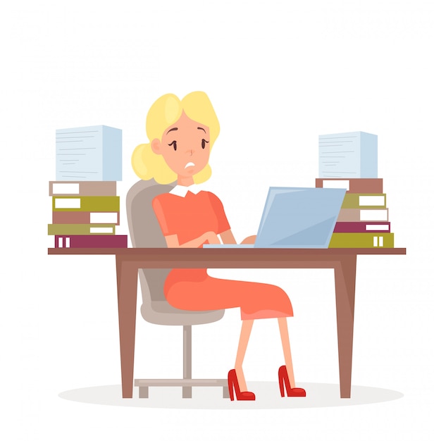 Vector illustration of working business woman at the desk with laptop and lot of papers. woman in office in stress. manager tired and working on computer, stressed girl in cartoon flat style.