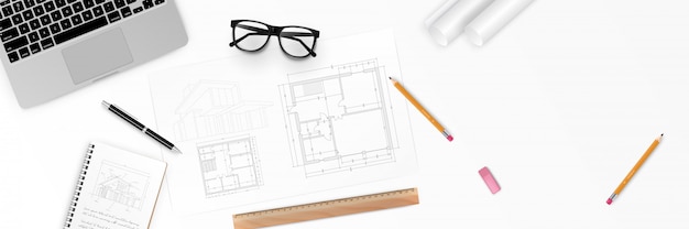 Vector illustration workplace of architect - architectural project, blueprints, blueprint rolls and pen on plans. engineering tools view from the top. construction background.