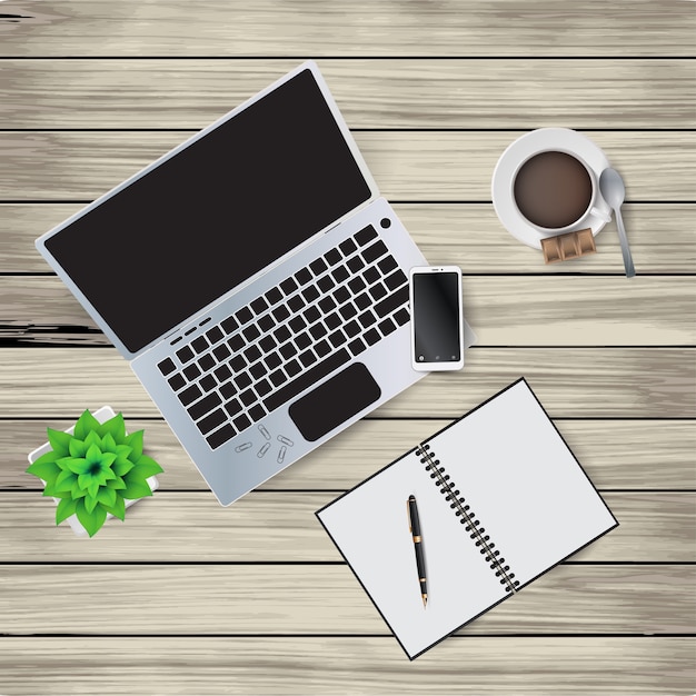  illustration of workplace elements on a wooden background. Notepad, pen, coffee cup, spoon, paper clips, flower in a pot, notebook. 